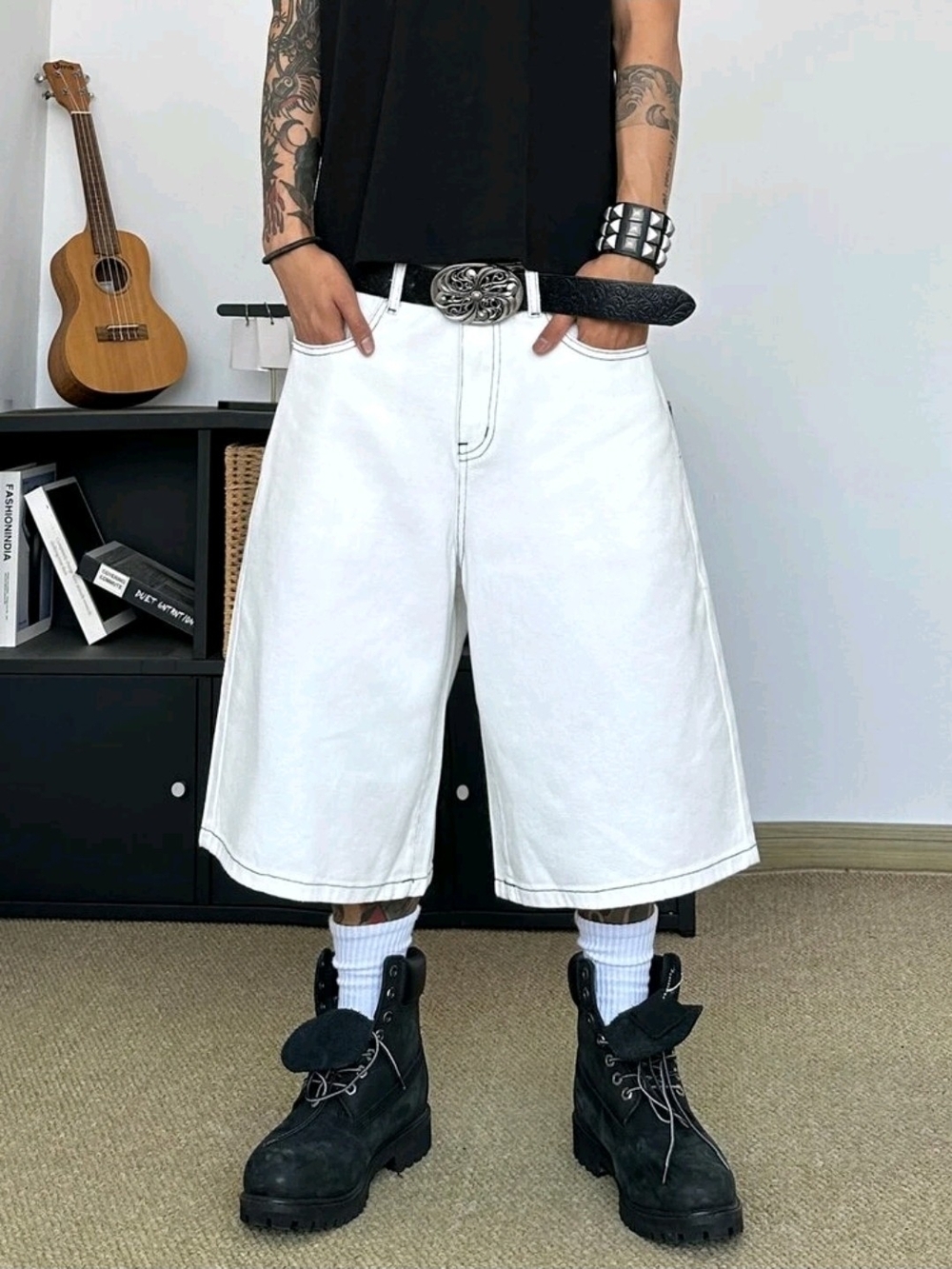 Men's White Wide-Leg Denim Shorts